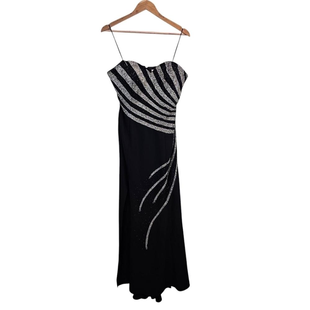 VTG Cassandra Stone Elegant Black Silver Beaded Evening Dress Side Slit Sz 12 - Picture 2 of 14
